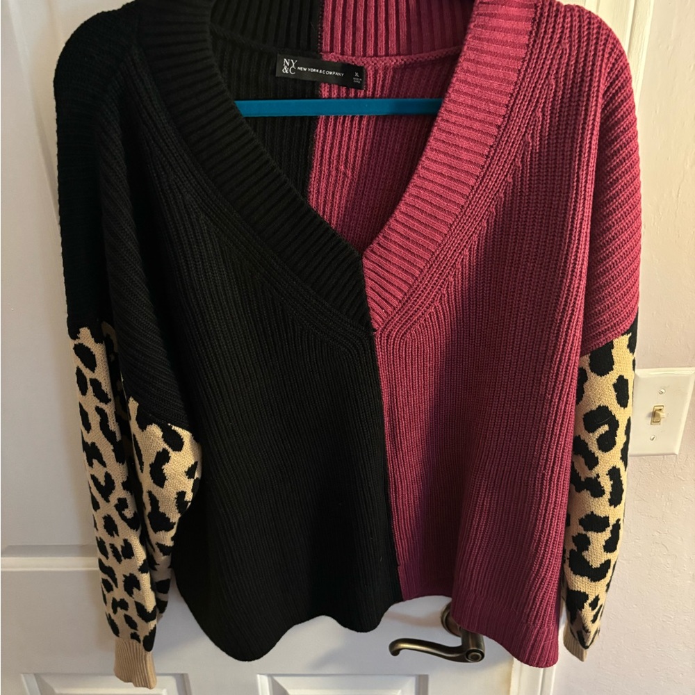 New York & Company Black and Pink V-Neck Sweater with Leopard Sleeves